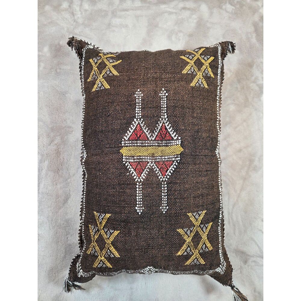 Handmade Moroccan Style Lumbar Pillow 14x20 Brown Embroidered Boho Tassel